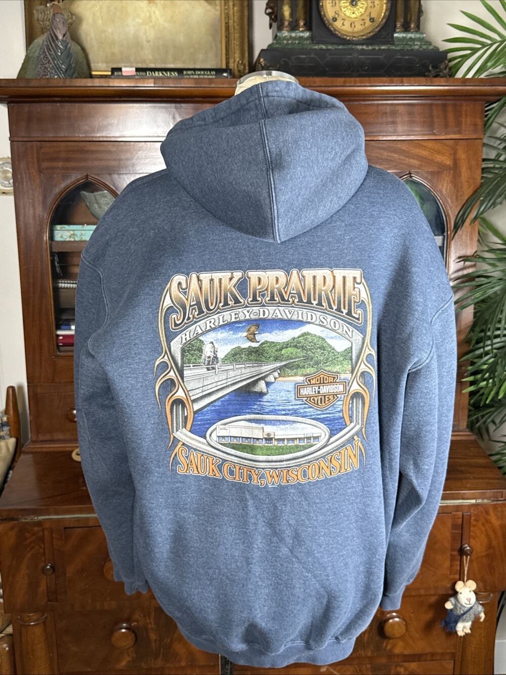 VTG Harley Davidson Sauk Prairie Wisconsin Hoodie Blue Motorcycle Biker Y2K XL